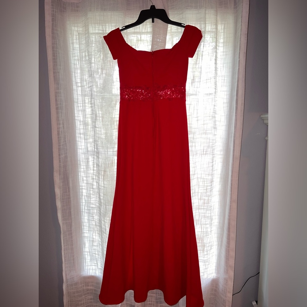 Off the shoulder dress.